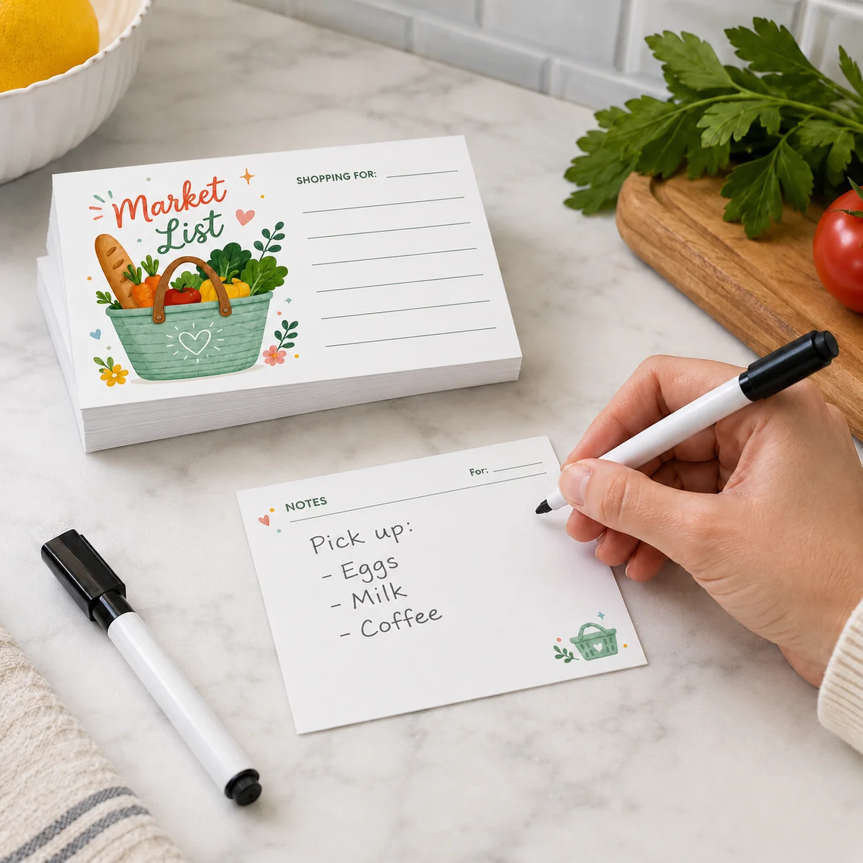 50pcs Double-Sided Grocery List Cards with Dry Erase Marker, Market List and Notes Cards for Kitchen, Pantry and Home Shopping P