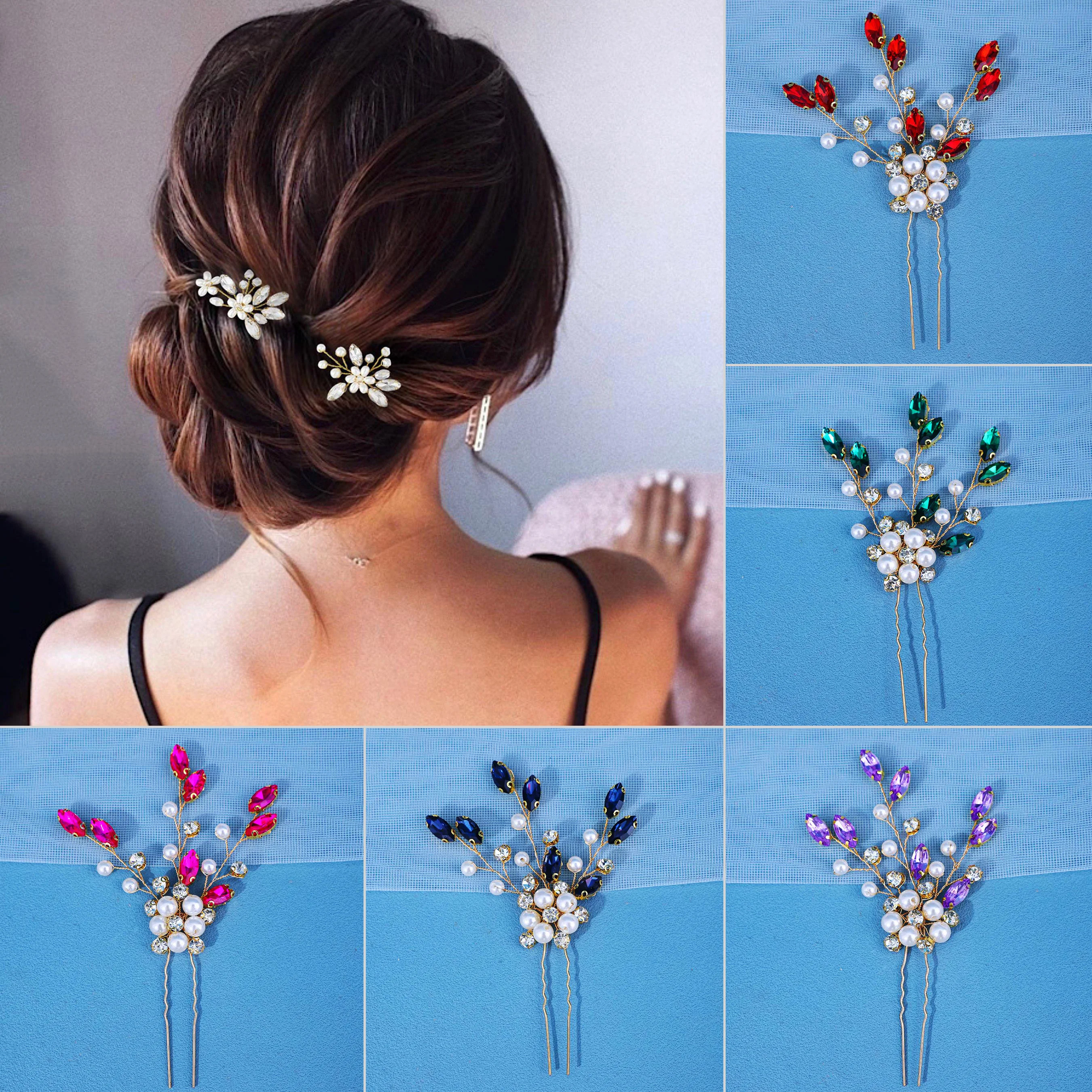 Handmade Crystal Flower Hair Pins Forks Jewelry for Women Bridal Wedding Hair Accessories Pearl Bride Hairpins Gift