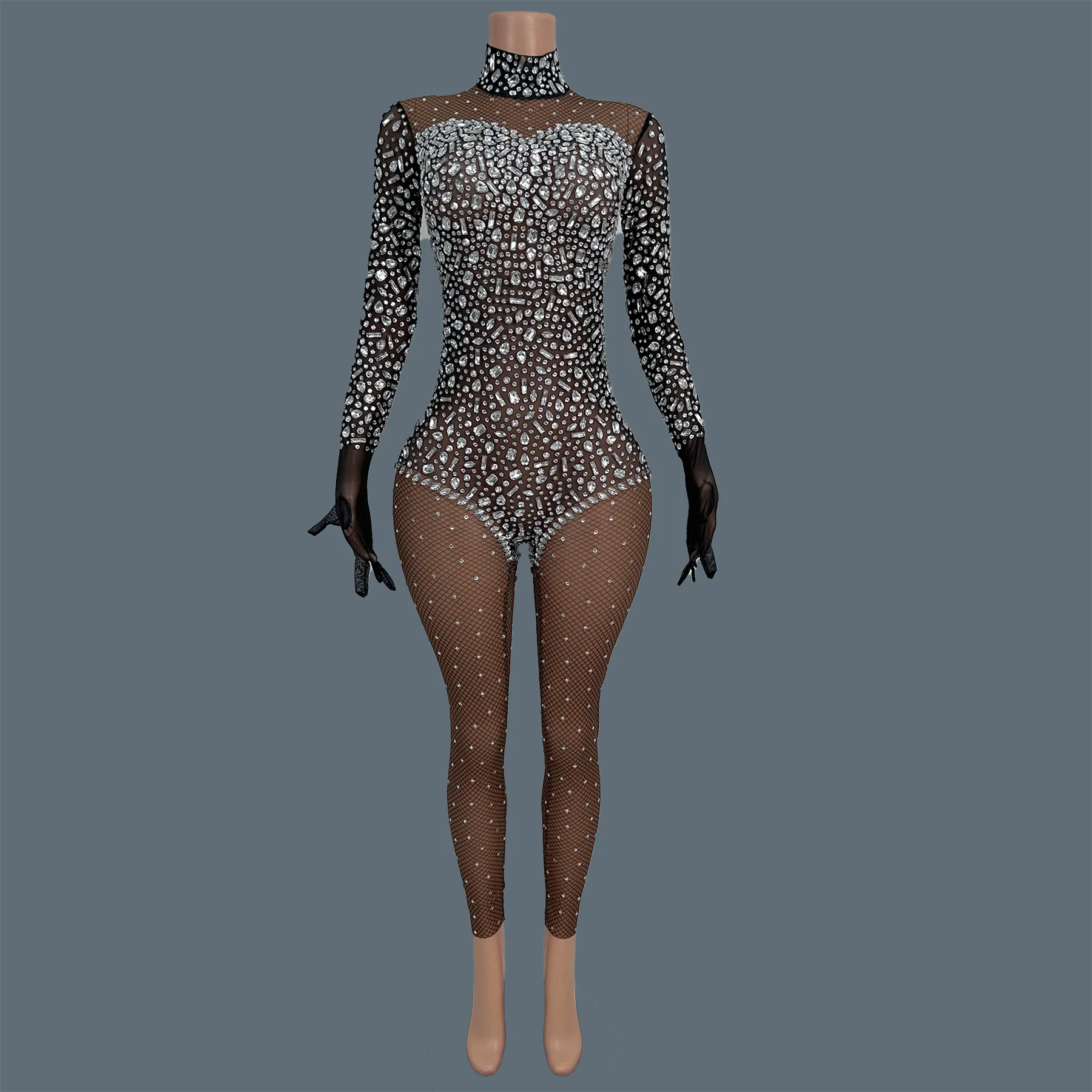 

Luxury Silver Rhinestone Sparkly Jumpsuit Tight Fitting High-end Club Drag Queen Performer Wear Sheer Mesh Party Outfit Zawenku