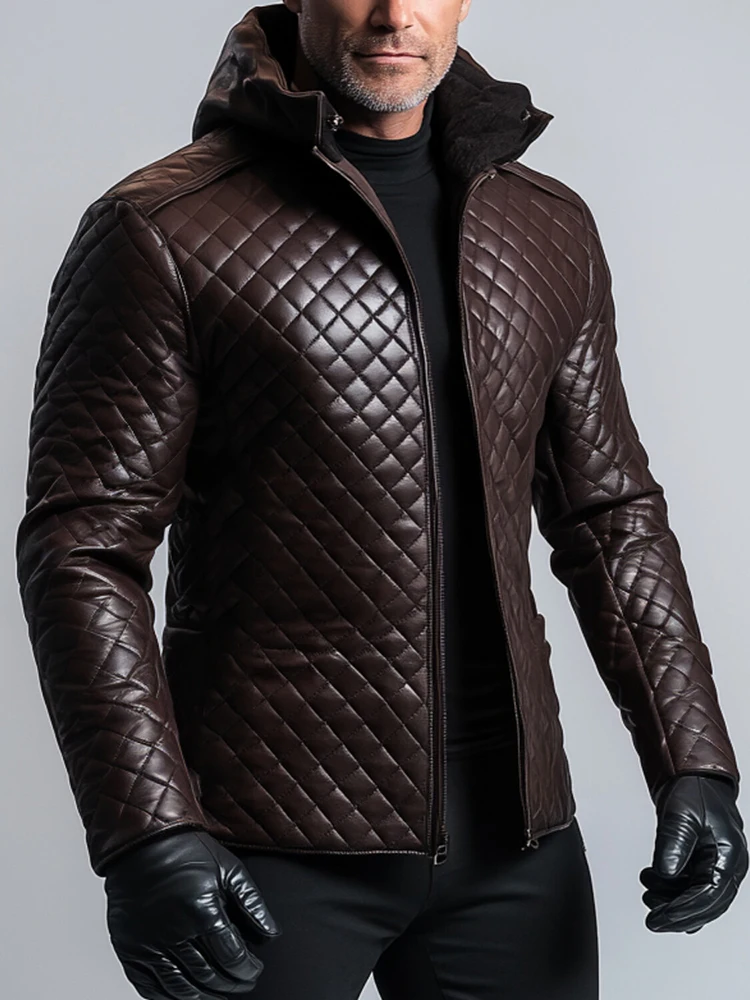 Vintage PU Leather Diamond Grid British Winter Men's Jacket Hooded Zip-up Keep Warm Outerwear Slim Straight Long Sleeve Jacket
