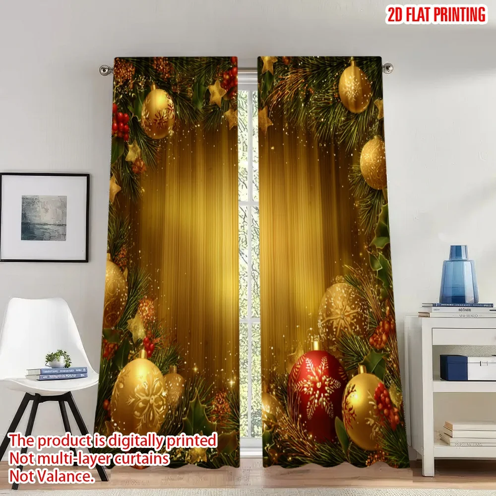 

2pcs 2D flat printing Christmas Party Curtains Christmas Gold Ornaments Fir Digital Printed Polyester Drapes Spring Use for
