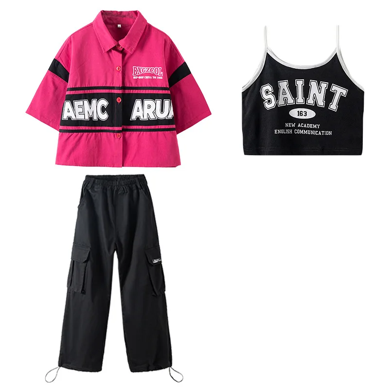 Haut court Hip Hop pour filles, pantalon cargo noir, streetwear pour enfants, joggeurs solides, vêtements de scène Jazz Street Dance, 10 à 12 ans