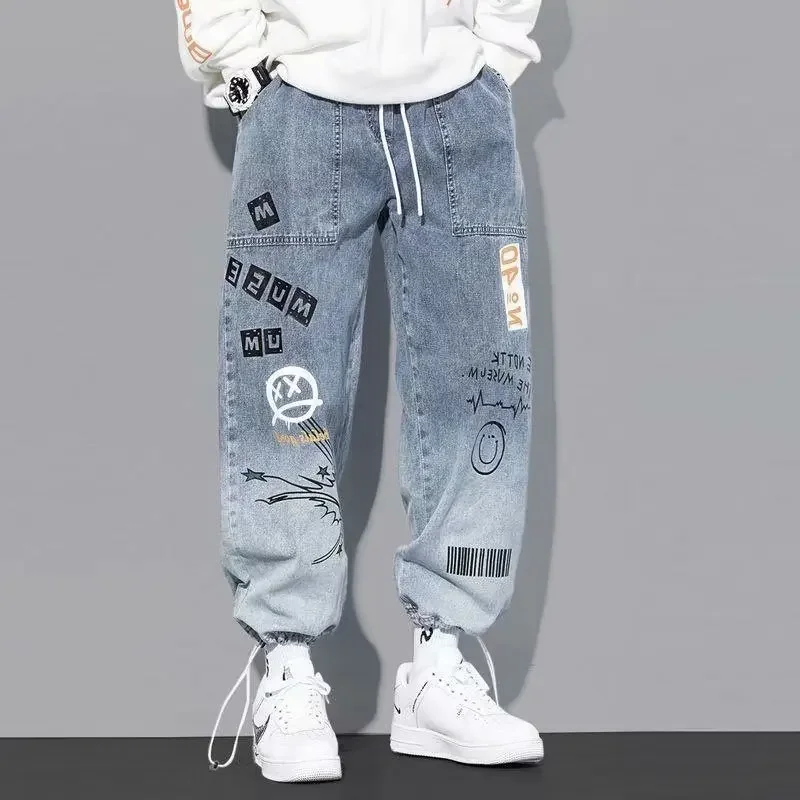 Autumn New Letter Print Jeans Loose Cartoon Graffiti Drawstring Trousers