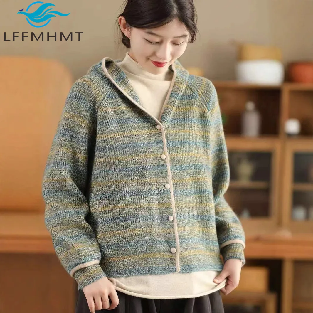 

Зимний модный женский шерстяной пуловер, свитер хорошего качества, толстый теплый свободный кардиган с капюшоном и длинными рукавами, трикотажные топы, женские топы