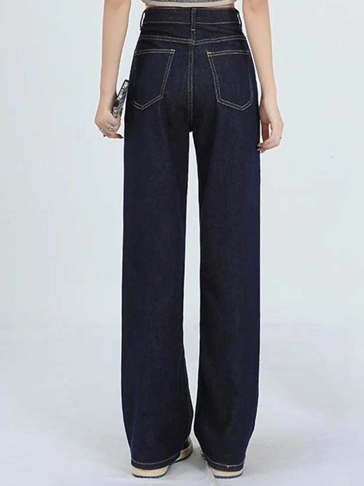 Girls Vintage Native Washed Jeans Lady Deep Blue Korean Wide Leg Pants 2024 Spring Woman High Waist Loose Straight Leg Trousers