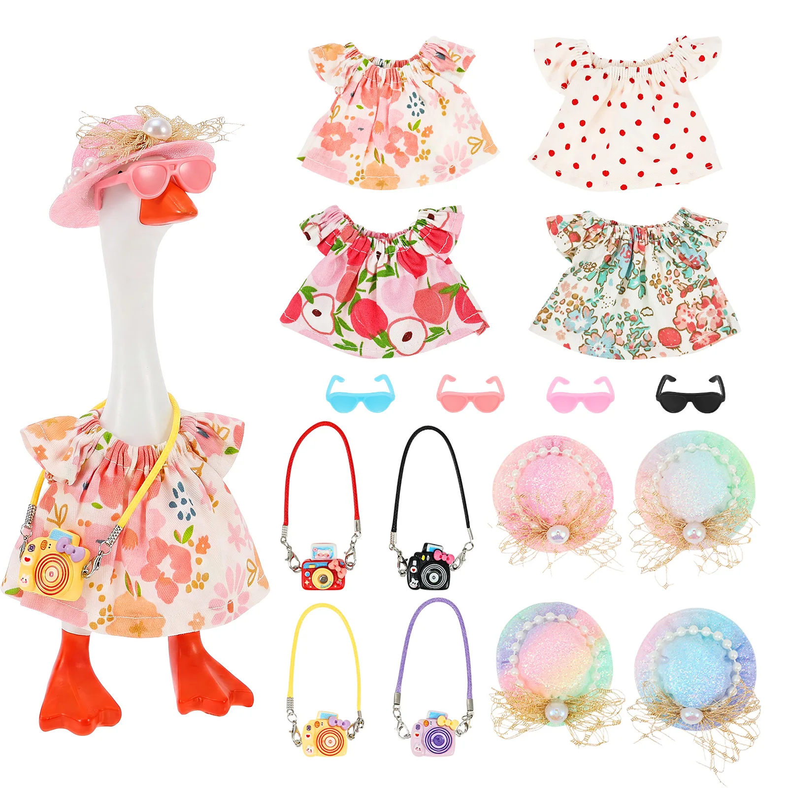 4 Sets 7 Inch Desk Goose Outfits for Dressing and Displaying Lovely Summer Themed Desk Goose Costume with Hat Bag Accessories