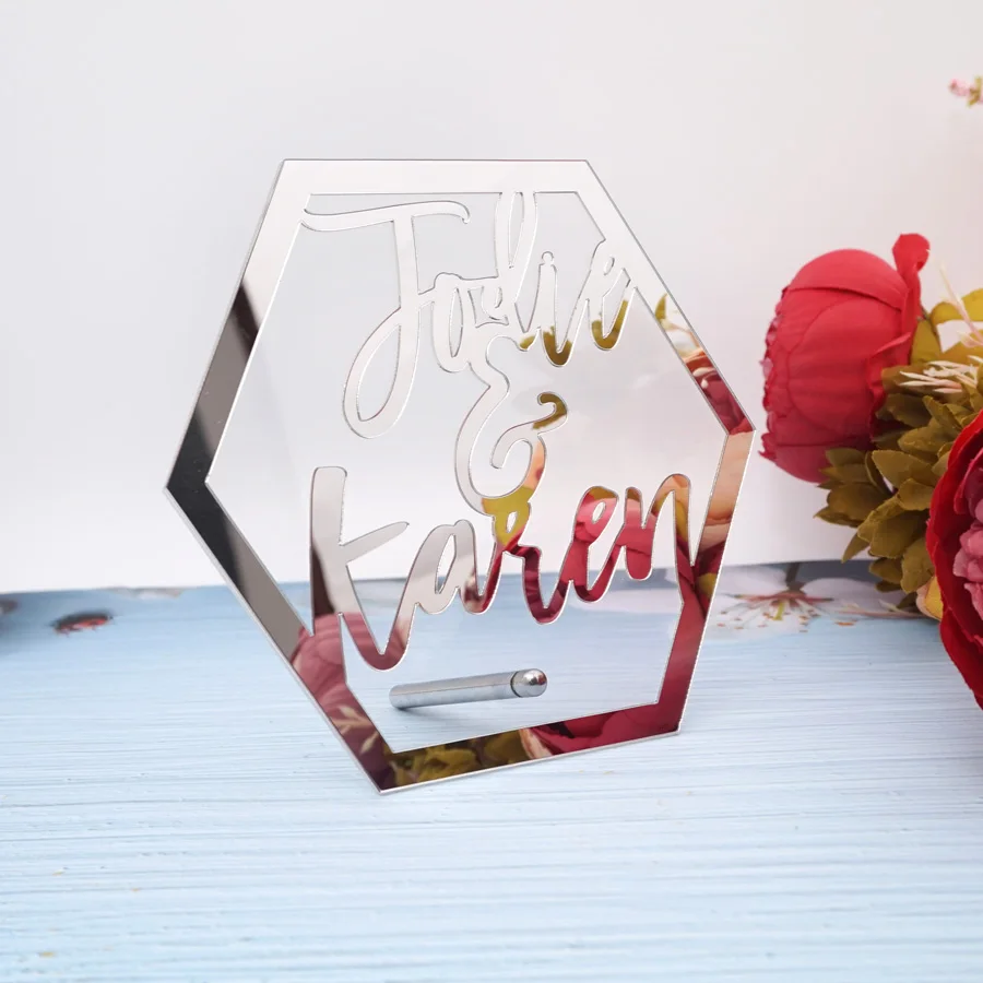 

Personalized Welcome Guest Words Sign Acrylic Mirror Hexagonal Frame Custom Couple Names Wedding Party Festival Table Decoration