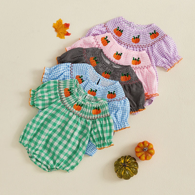 

Infant Baby Girl Halloween Romper Short Puff Sleeve Pumpkin Embroidered Plaid Bodysuit 1Piece Outfit