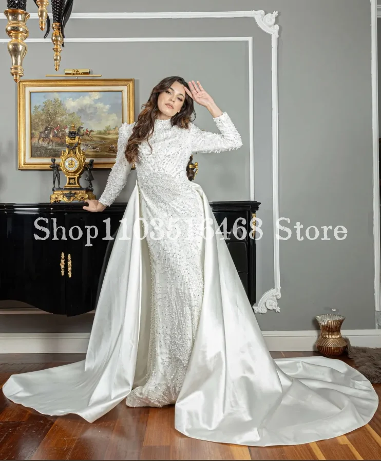 Luxo branco muçulmano vestidos de casamento requintado pérola applique manga longa trem destacável personalizado vestidos de casamento étnicos