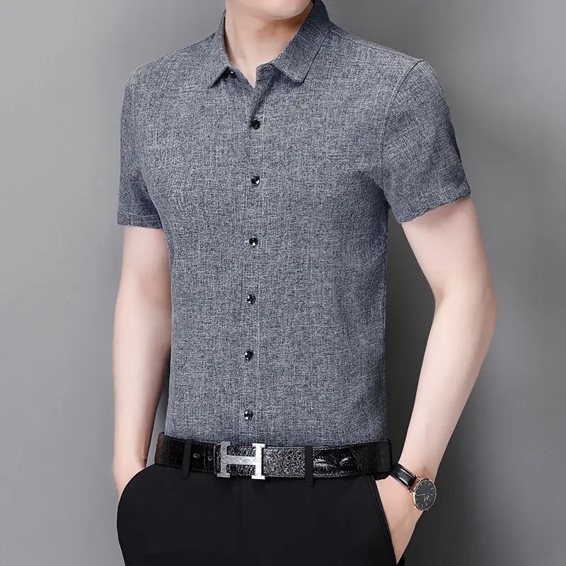 Summer New in Shirts Men Clothes Short Sleeve Printed Solid Casual Loose Turn-down Collar Button Fashion Slim Vintage Tops