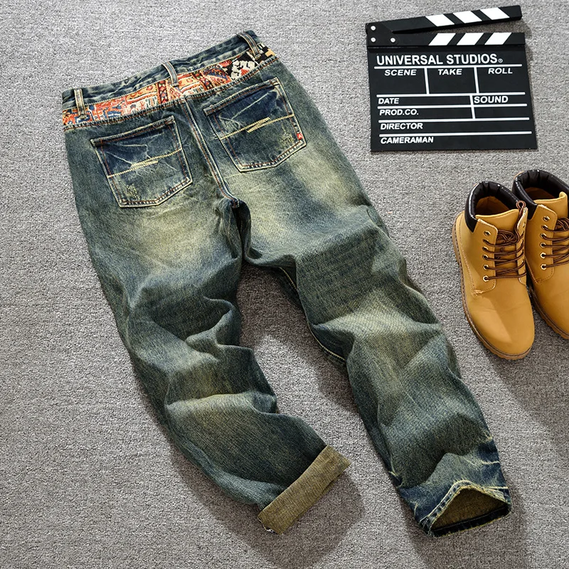 レトロアメリカントレンディブランドスプライシング刺繍プリントハーレンパンツメンズルーズストレートチューブノスタルジックジーンズ