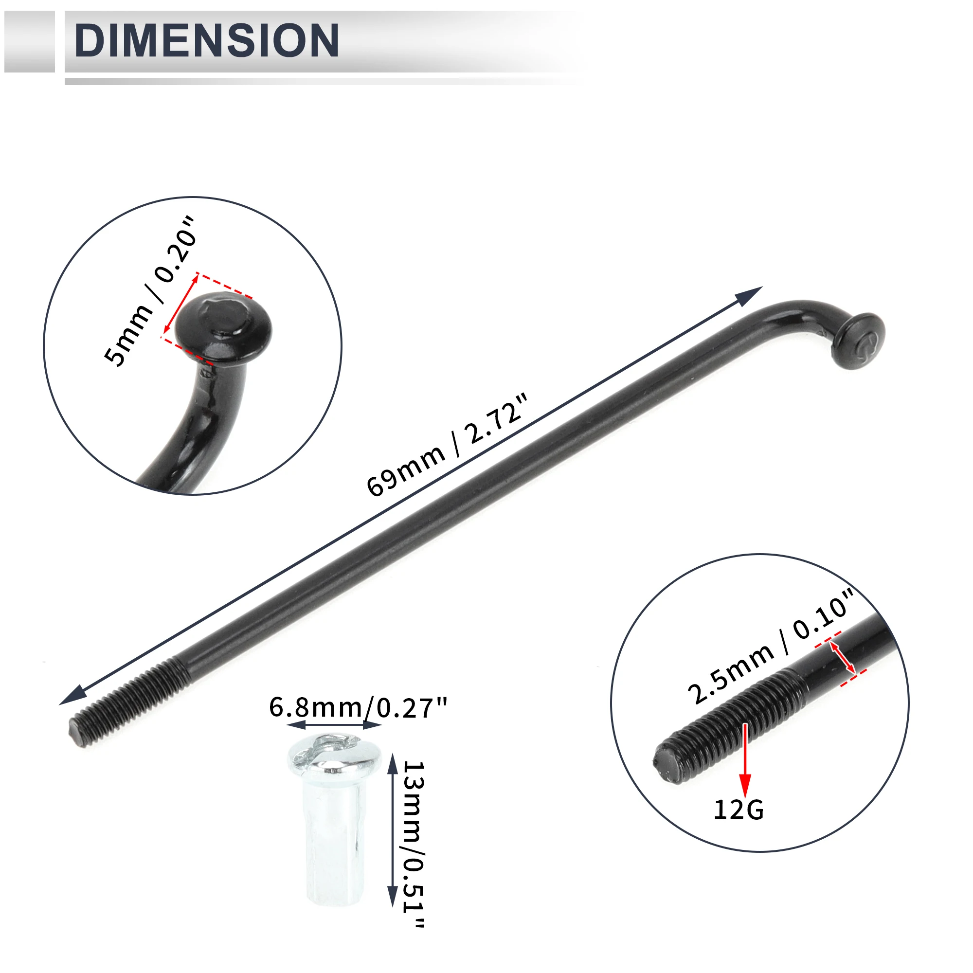 X Autohaux Fahrrad-Speichensatz, 12 G, 69 mm, 76 mm, 82 mm, 87 mm, 92–141 mm Länge, Fahrrad-Radspeichen mit Nippeln, Kohlenstoffstahl, Schwarz, 36 Stück – Detail 5