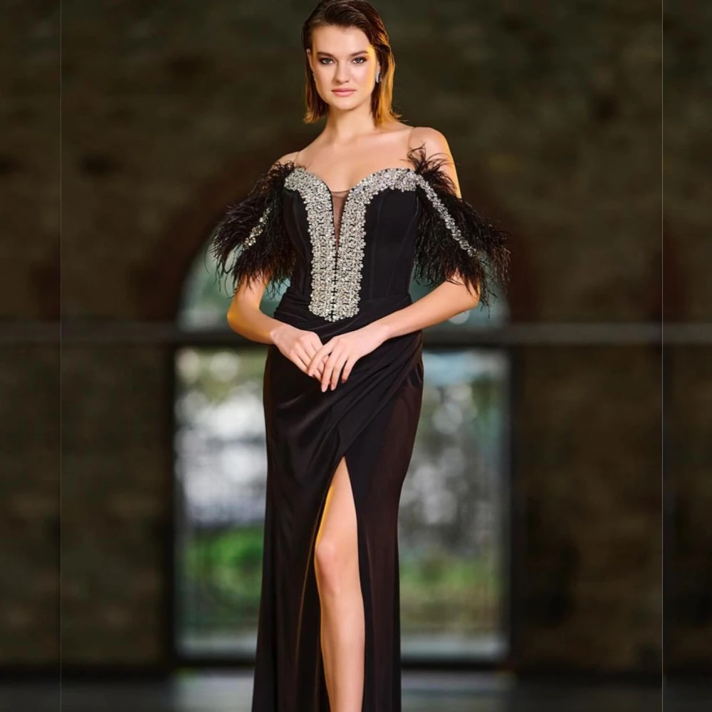 

Customized Jersey Sequined Feather Homecoming Column Off-the-shoulder Bespoke Occasion Gown Long Dresses