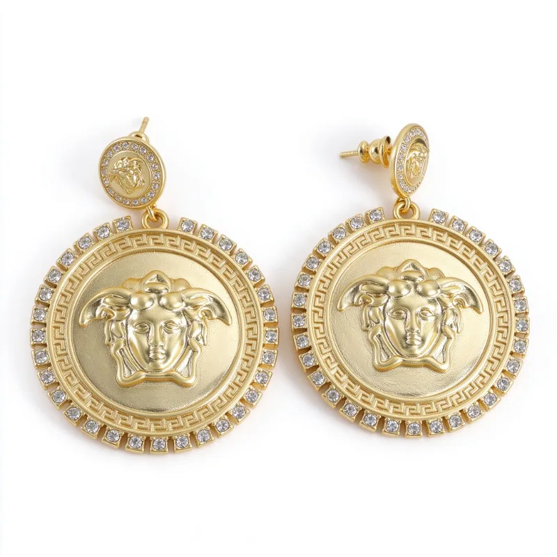 Vintage Embossed Portrait Stud Earrings, Geometric Greca Engraved Metal Earring, Trendy Statement Ear Jewelry, Hypoallergenic Pin Design, Fashion Accessories for Dating Banquet Holiday Present