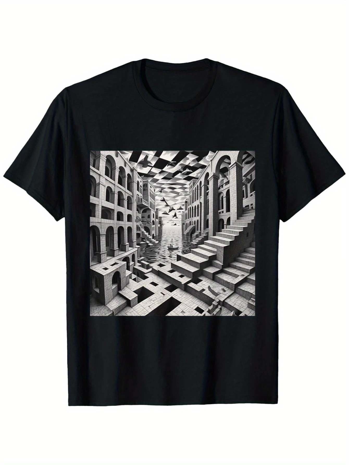 Unisex Black M.C. Escher Inspired Optical Illusion T-Shirt, Casual Round Neck Tee, All Season Comfort