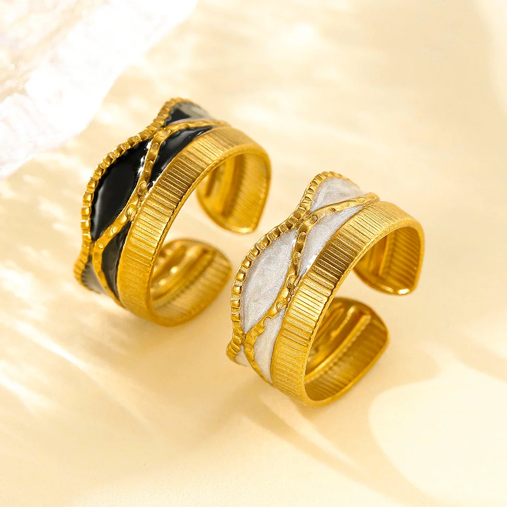 Light luxury corrugated enamel stainless steel ring, waterproof and non-fading heavy metal, with adjustable finger ring