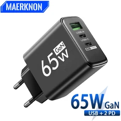 Cargador USB GaN de 65W, adaptador de carga rápida de alta velocidad tipo C, PD, pared de teléfono móvil, múltiples 3 puertos para IPhone, Huawei y Xiaomi