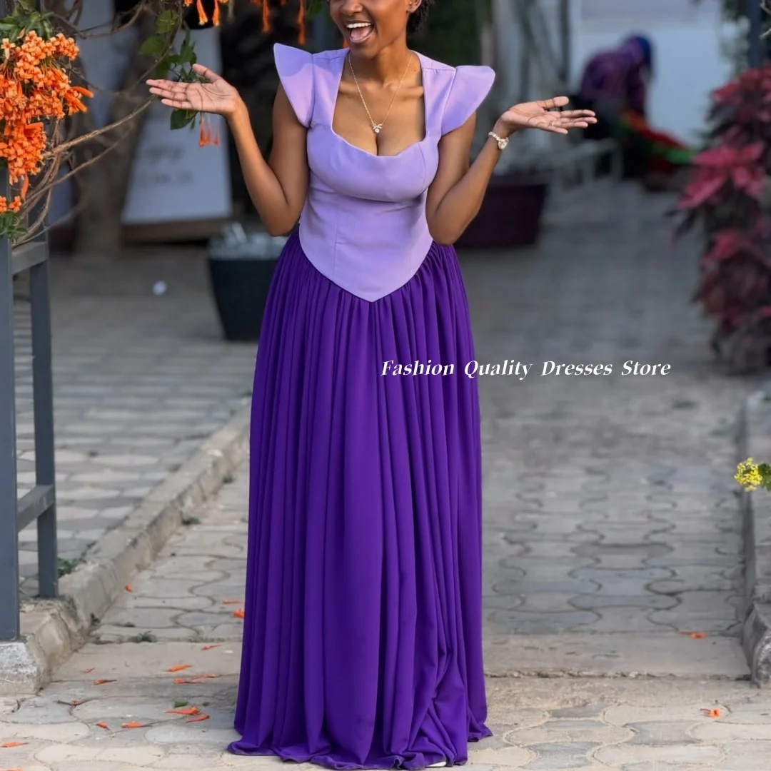 Evening Dress Square Neck Fly Sleeve Chiffon Long Maxi Gown 2026 Purple Color Block Elegant Women Formal Party DressesCustomized