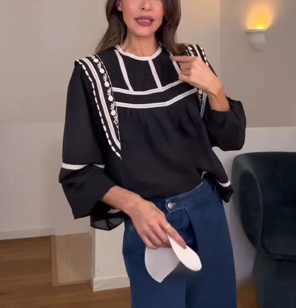 

KONDALA-Women Elegant Contrasting Shirt Embroidery Loose O-Neck Shirt 2025 New Fashion Summer Fall Vacation Vintage Simple Shirt