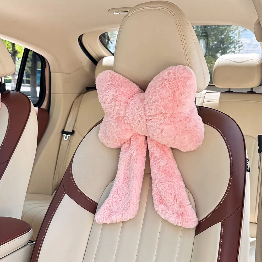 1pc Fashion Practical Bow Car Headrest Pillow Winter Warm Neck Support Cushion Universal Adjustable Car Seat Pillow For Women In