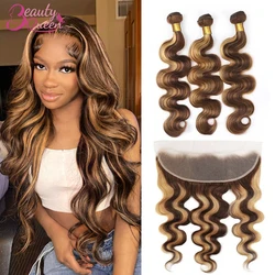 13x4 Bundles With Closure Highlight Human Hair Body Wave Bundles With Frontal Pre Plucked 4/27 Colored 3 Bundles Hair Extensions