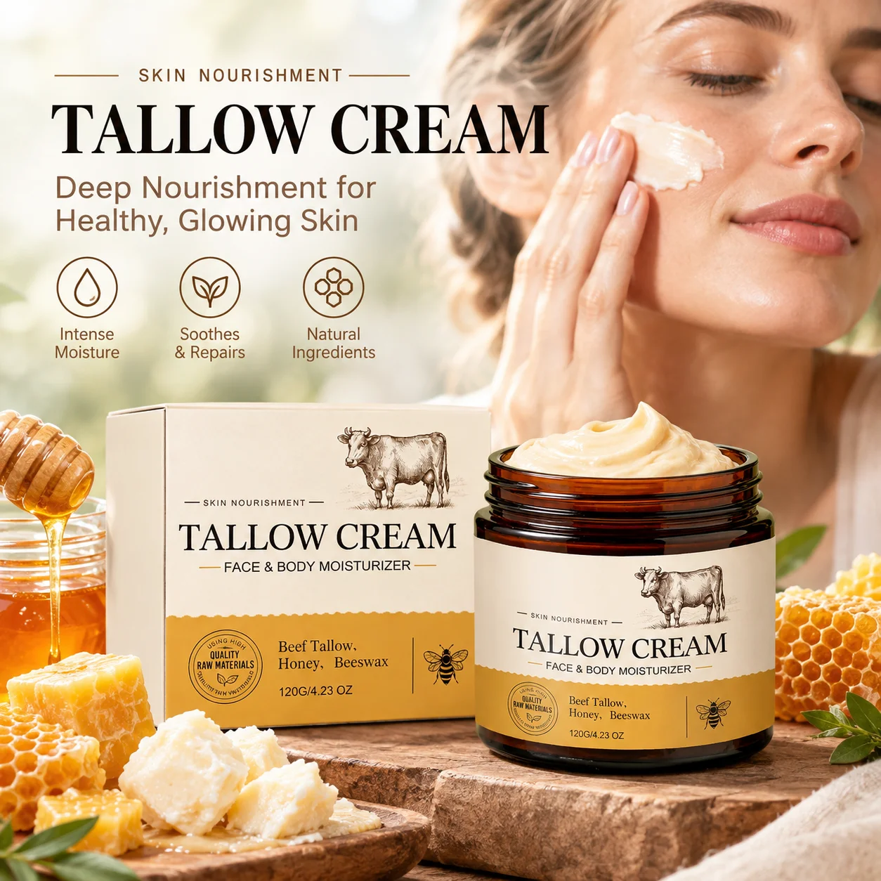 Whipped Beef Tallow & Honey Moisturizer Long Lasting Hydration Smooth Texture Deep Wrinkles Treatment Natural Organic Face Cream