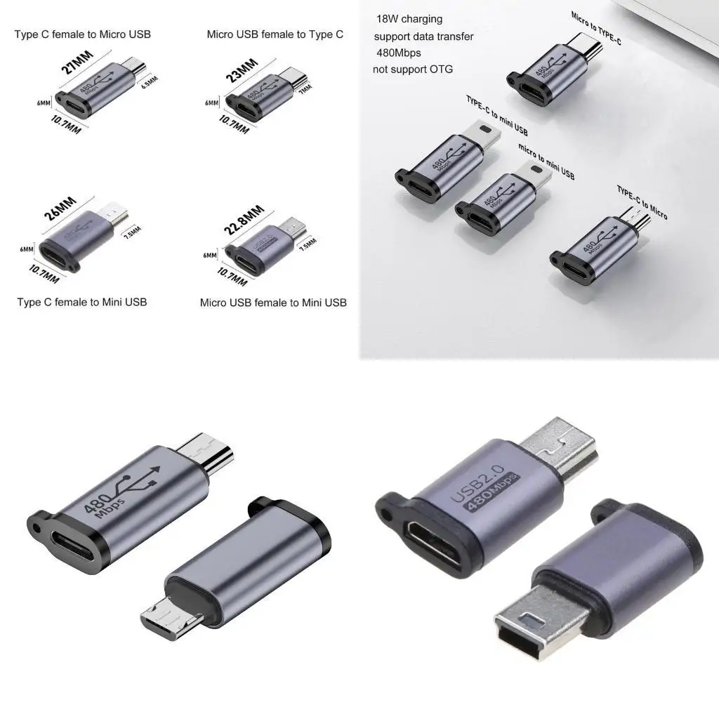 

Y1UB to Mini USB MicroUSB Adapter Micro USB to TypeC Mini USB Converter Connector Support Data Sync 480Mbps 18W