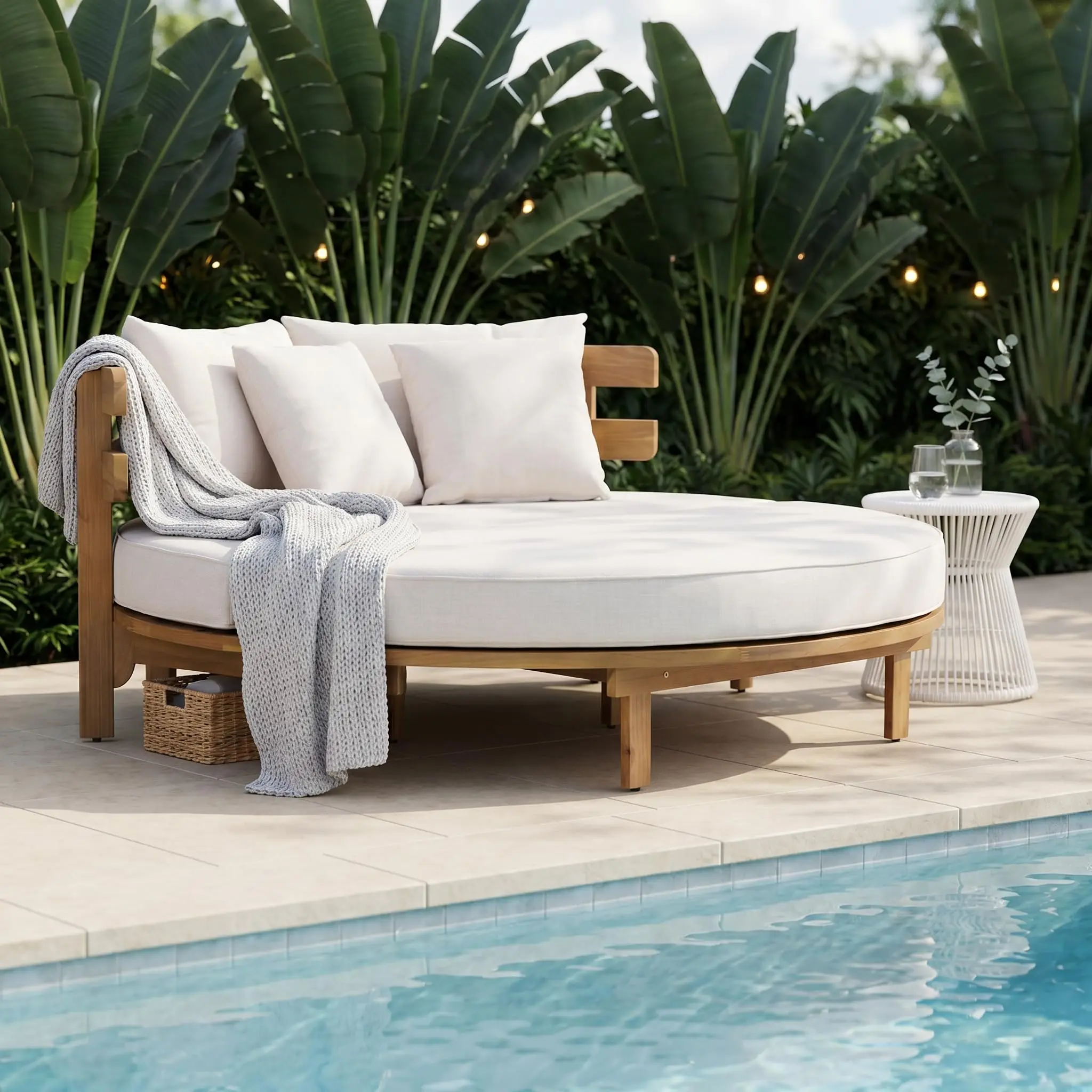 Outdoor Round Daybed, Acacia Wood Patio Day Bed with Soft Cushions and Pillows, Sunbed Lounger for Backyard, Poolside
