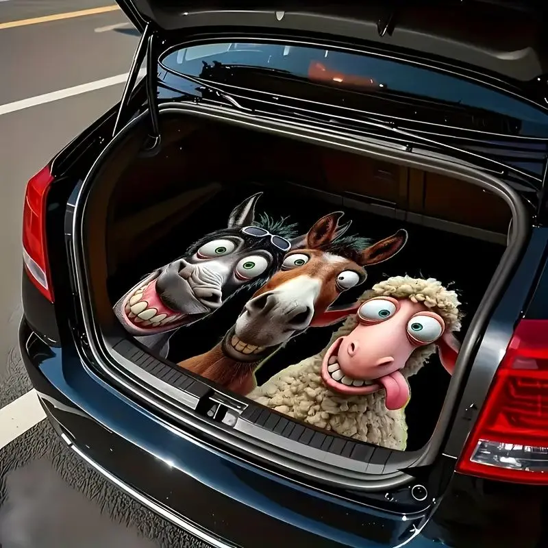 VIKAMA Funny Cartoon Donkey Horse Sheep Print Car Trunk Mat Anti‑Slip Waterproof Rear Cargo Liner Vehicle Interior Decor