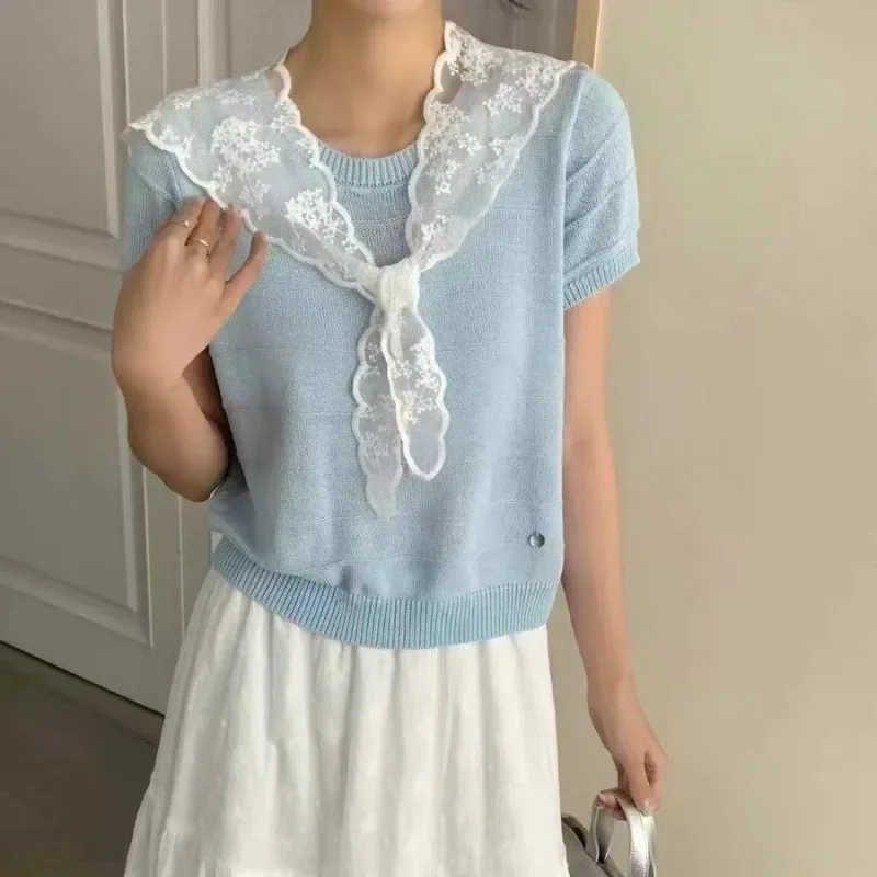 

Lace Short Sleeved T-Shirt For Women, Summer 2026 Vacation, Two Ice Silk Knitted Shirts, Top, Vest For Women