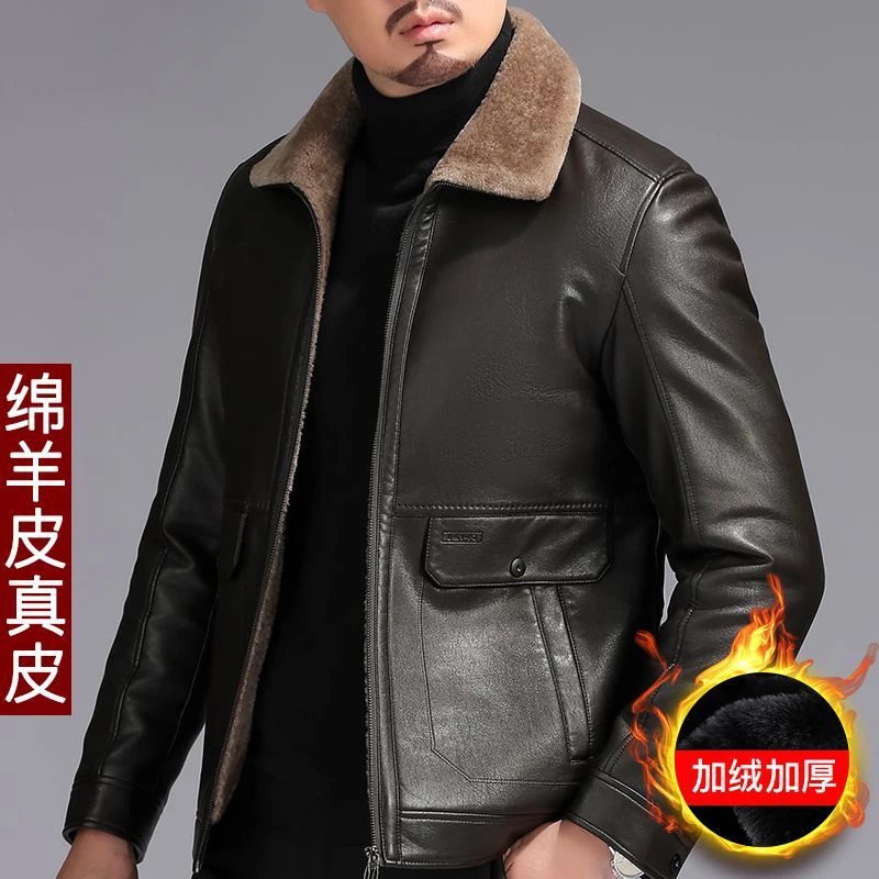 Winter herren Leder Jacke Schaffell Mantel Männer Hinzufügen Samt Verdicken Warme Business Casual Lose Vintage Echtes Leder Jacke Mann