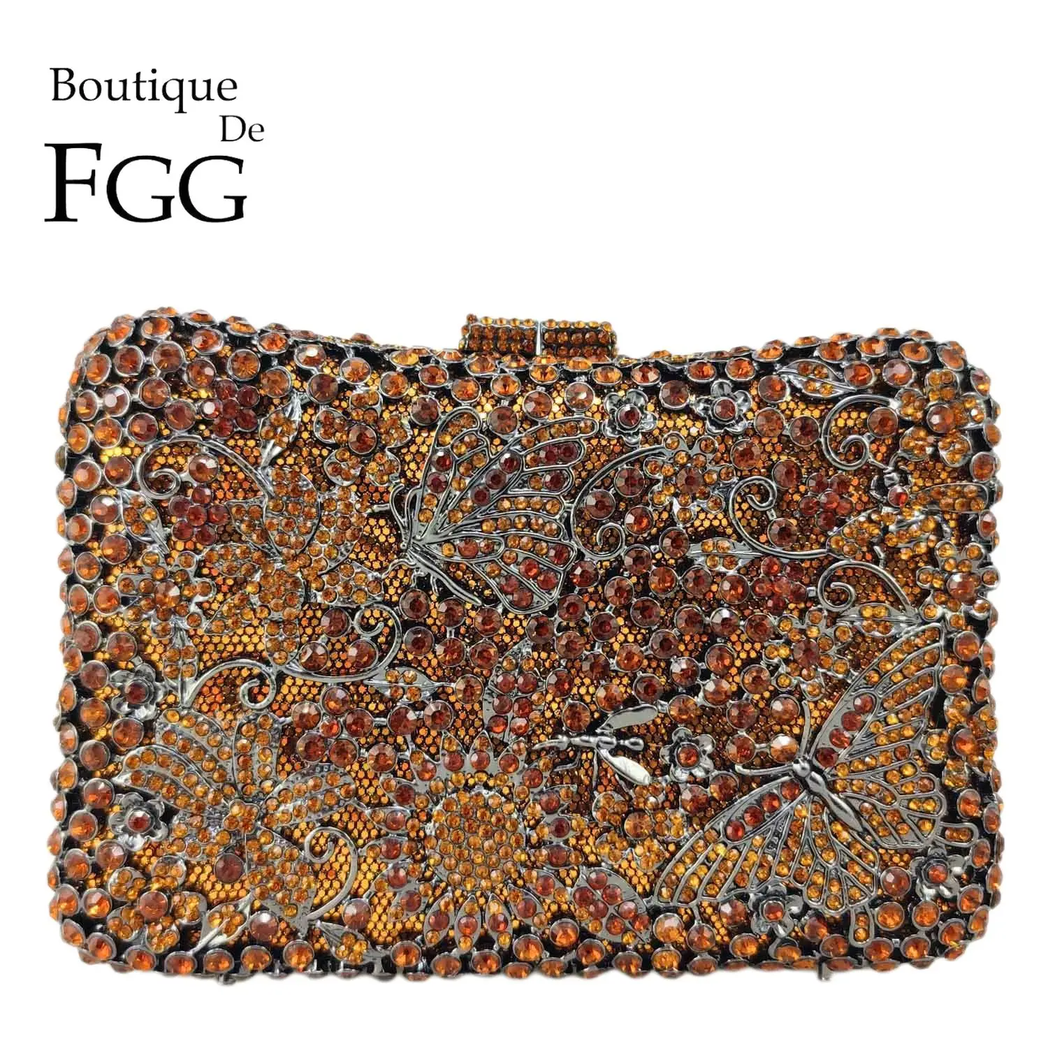 

Boutique De FGG Butterfly & Flower Clutch Women Brown Crystal Evening Bags Wedding Bridal Rhinestone Handbag Party Dinner Purse