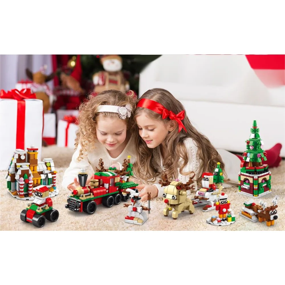 6w1 Świąteczny Łoś Renifer Święty Mikołaj Klocki Konstrukcyjne Światło Kreatywna Zimowa Wioska Dom DIY Klocki Zabawki Dla Dzieci Prezent na Boże Narodzenie