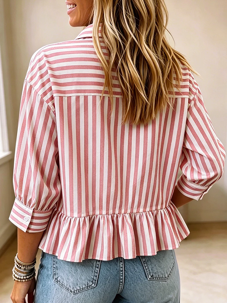 Casual, Simple, Stylish, and Charming Everyday Versatile Striped Top for Commuting, Button-Front Turn-Down Collar, Three-Quarter Sleeve Shirt, Women's Clothing