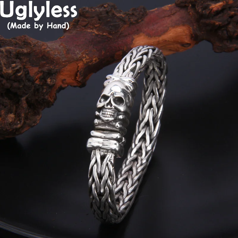 Uglyless Thick Twists Mens Bracelets Steam Punk Skull Bangle Square Buckle 925 Silver Skeleton Jewelry Thai Silver Gothic Bijoux