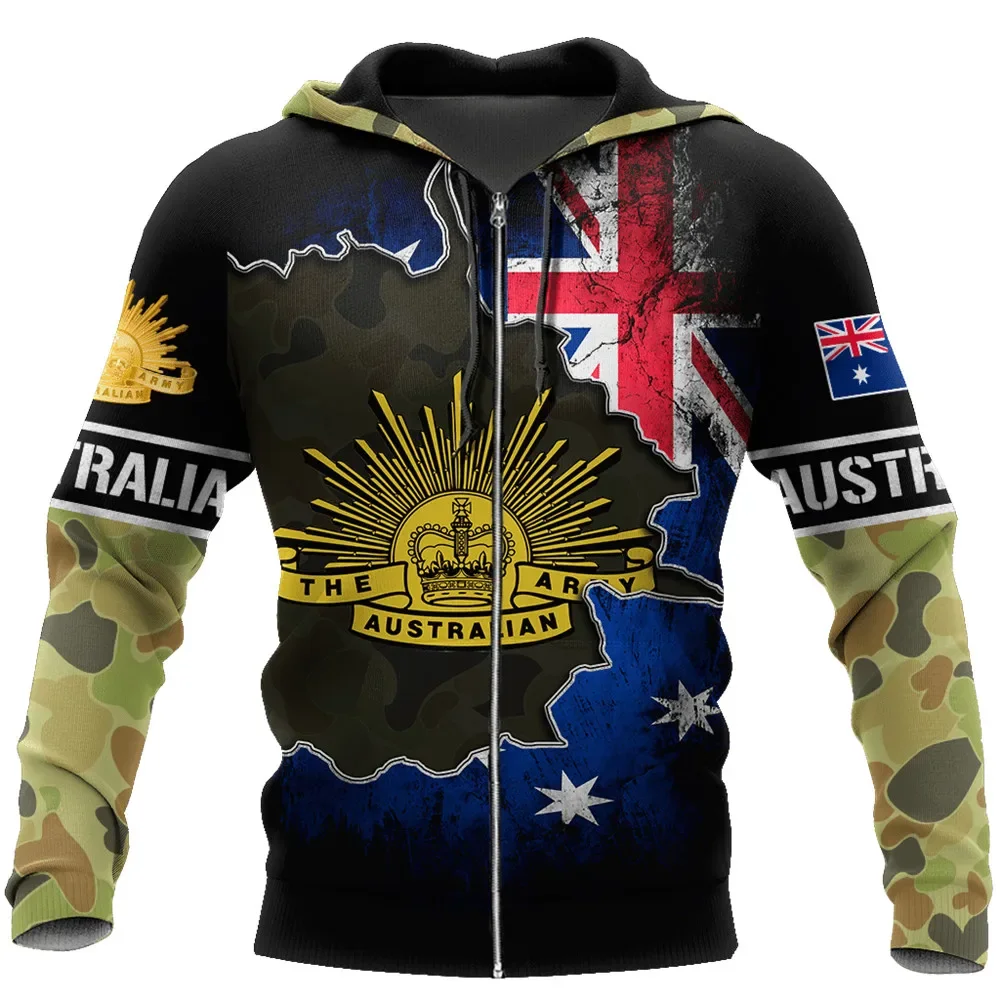 

HX Anzac Day Zipper Men Hoodies 3D Graphic Camouflage Sweatshirts Casual Pocket Pullover Tops Sportshirt Dropshipping