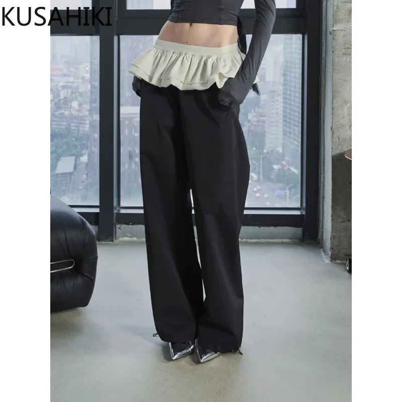 KUSAHIKI 2024 New Fluffy Skirts Pants Spring Summer Patchwork Causal Japanese Spicy Girl Y2k Long Trousers Pantalones Mujer