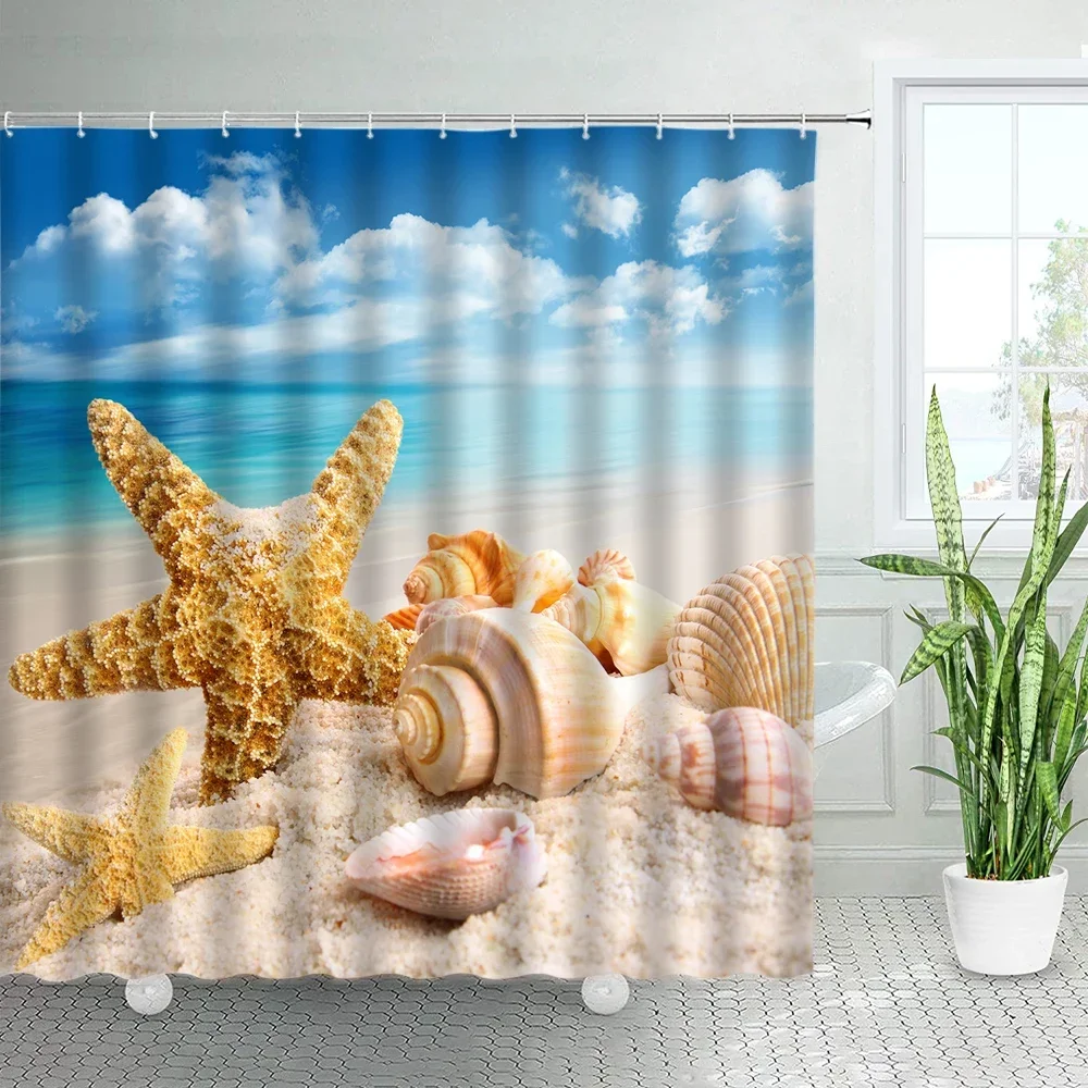 Starfish Beach Shower Curtains Conch Palm Tree Sea Waves Bath Curtain Window Ocean Landscape Polyester Cloth Chic Bathroom Decor