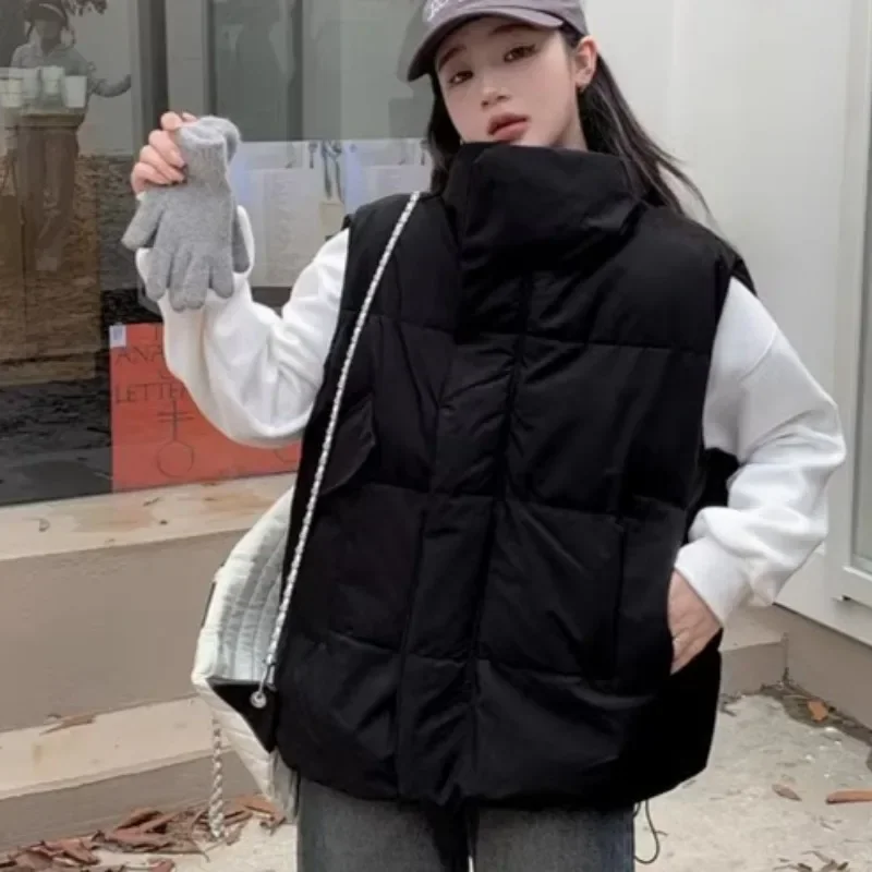 เสื้อกั๊กผู้หญิงเกาหลีสไตล์เรียบง่ายStand Collar Warm Windproofฤดูใบไม้ร่วงฤดูหนาววิทยาลัยHigh Street All-Match Outwear Cool Ins