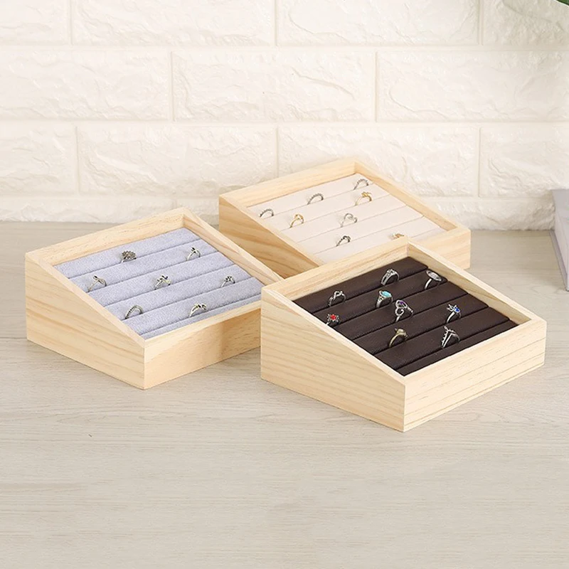 1pc Wood Jewelry Display Tray Pendant Earrings Stand Holder Ring Cases Box Desktop Jewellery Storage Rack Counter Showcase Props