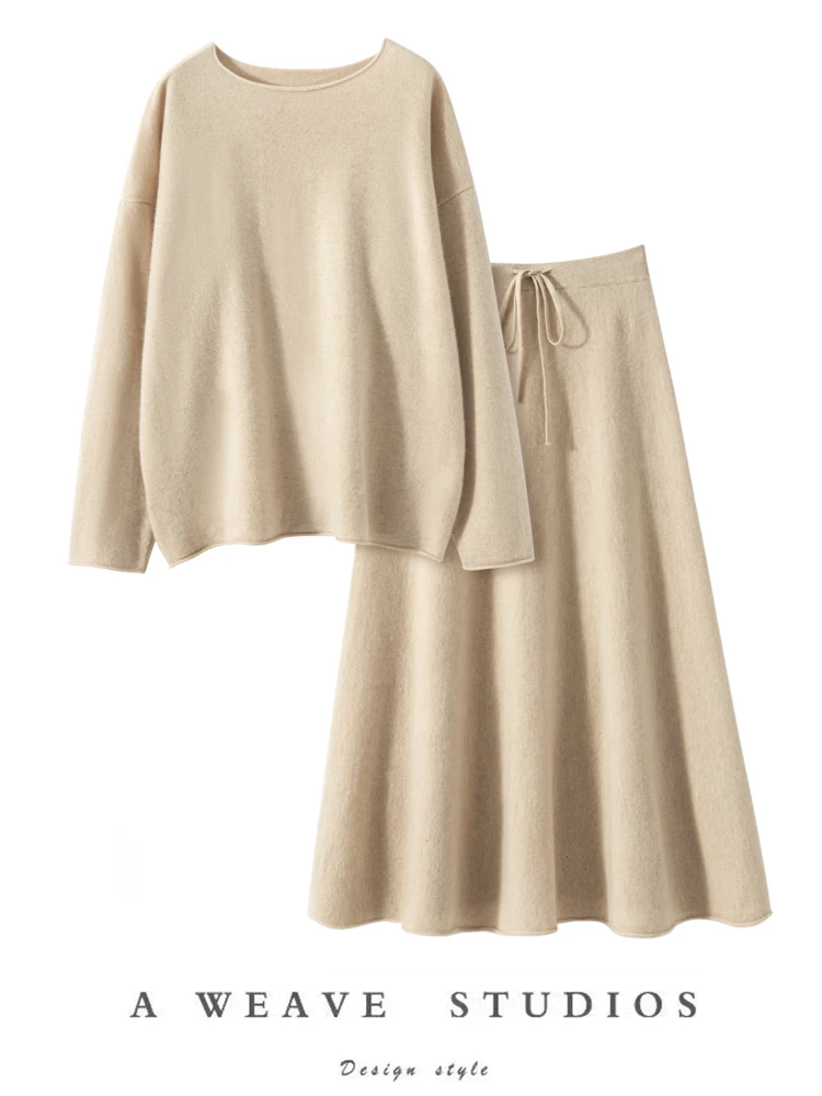 Bohemia Women's Sweater Suite 100% Cashmere Loose Pullover A-Line Long Skirt Set Spring Autumn Wave Skirt Knit Rolled Edge Dress