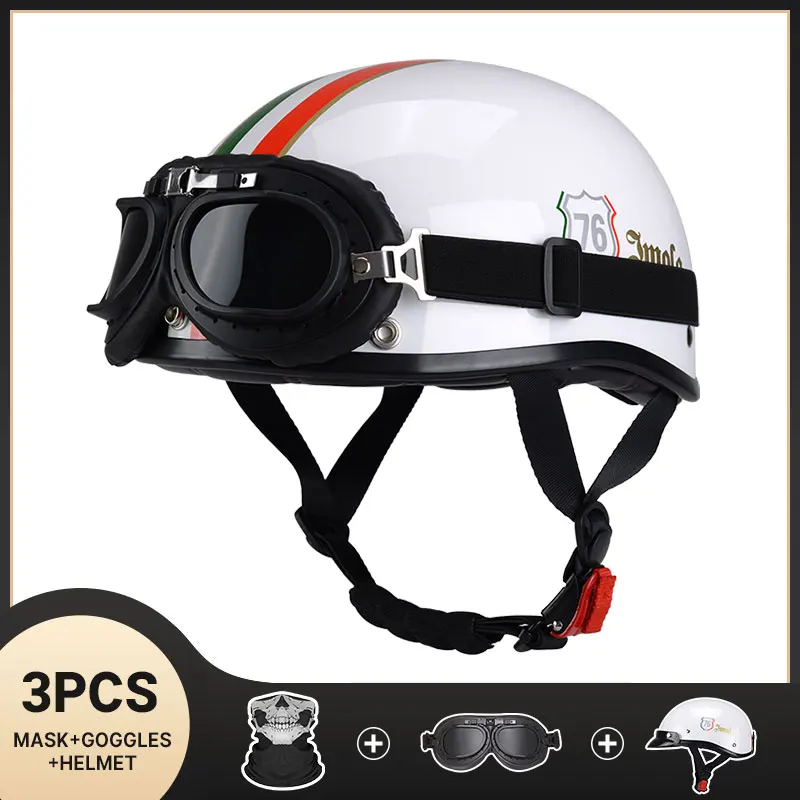 Retro Half Face Motorcycle Helmets with Cycling Goggles Capacete De Moto Classic Men and Women With DOT Certification All Season