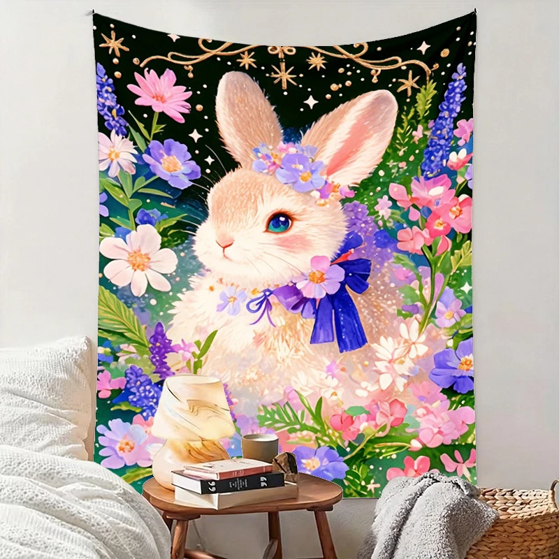 1PC Rabbit Wreath Purple Art Print Backdrop Banner, Bedroom Living Room Photo Background, Polyester, Home Decor, Wall Art