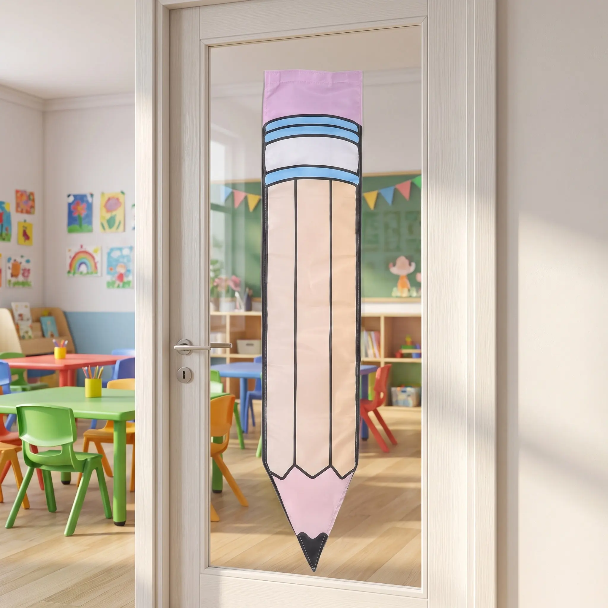 Pencil Shape Blackout Window Curtain Classroom Door Cover Removable Light Blocking Roller Shade Kindergarten Nursery Office
