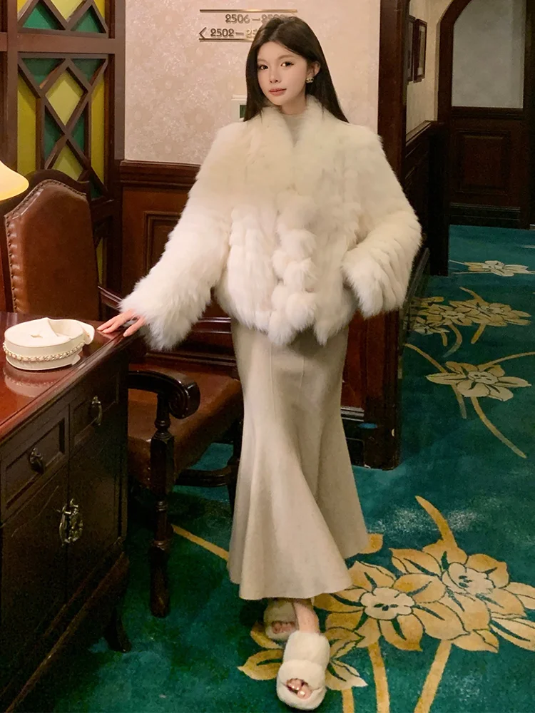 Damska kurtka z naturalnego futra lisa na zimę 2025, z przeszyciami z futra, styl Toghter, ciepła, gruba, codzienna kurtka, ciepły płaszcz, odzież wierzchnia.