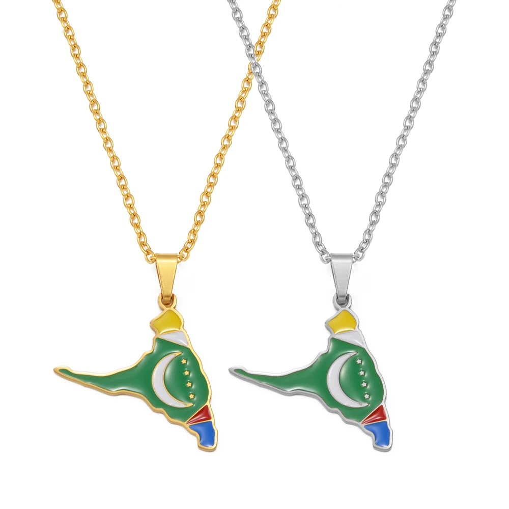 Anniyo Comoros Anjouan Island Map Flag Pendant Necklaces Stainless Steel Ndzouani Jewelry #368221