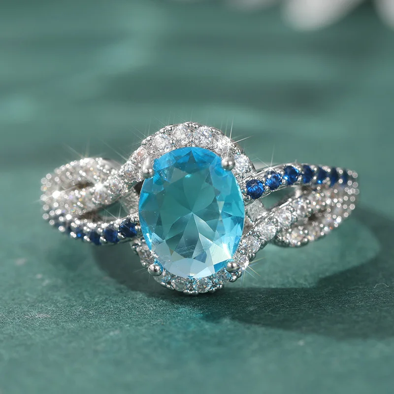 Eleganter Eingelegter Weißer Meeresblauer CZ Damenring Exquisiter Silberfarbener Geometrischer Ring für Tägliches Tragen Party-Schmuck Jubiläumsgeschenk – Detail 3