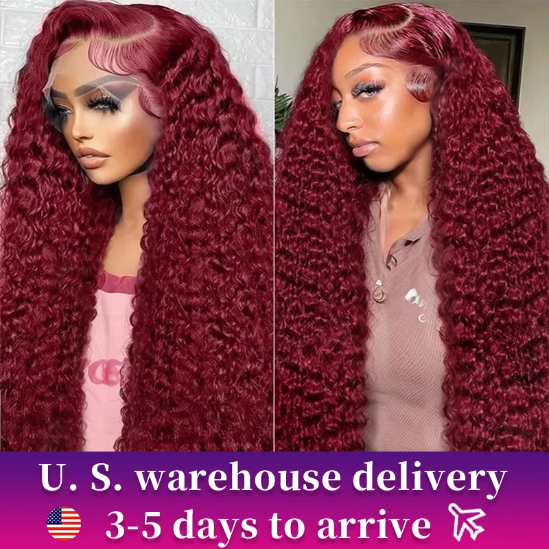 Deep Wave 99J Burgundy 13x4 Human Hair Lace Frontal Wig 13x6 13x5 Curly 30 Inch HD Transparent Lace Front Wig Brazilian Red Wine