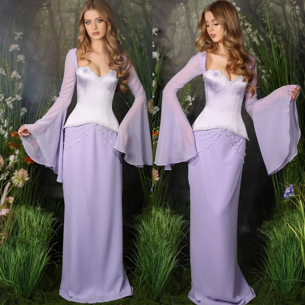 Gaun Malam Lurus Sifon Elegan Kustom Gaun Prom Manik-manik Indah Gaun Acara Khusus Lengan Flare Mewah