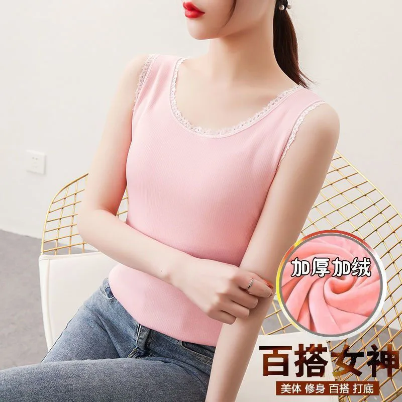 Warm vest top tank with women's velvet autumn and winter thick thread winter lace lace lace sleeveless camisole top as base vest
